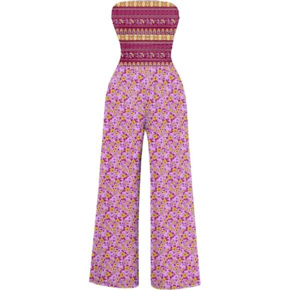 Women's Casual Summer Strapless Jumpsuits Purple Print - Picture 1 of 5